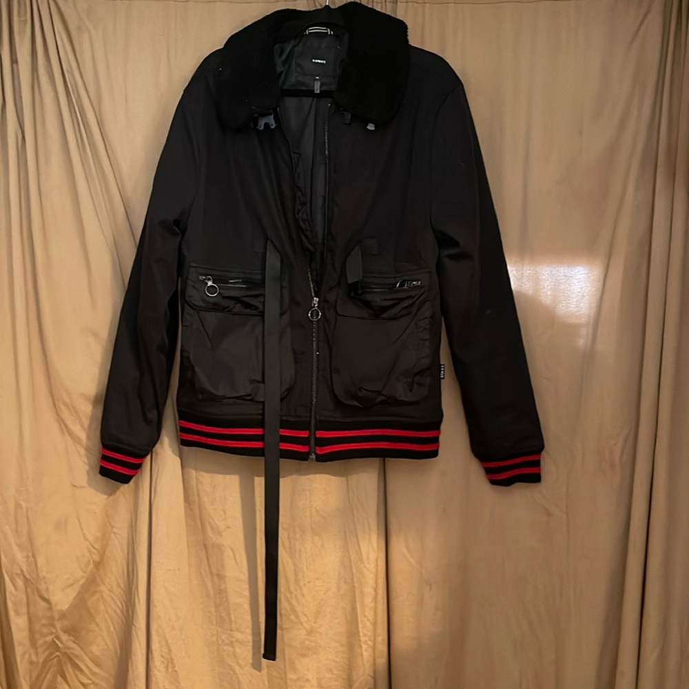 Konus Men’s M Black/Red MA2 Bomber Jacket Sherpa Collar 2 Front Pockets Full Zip